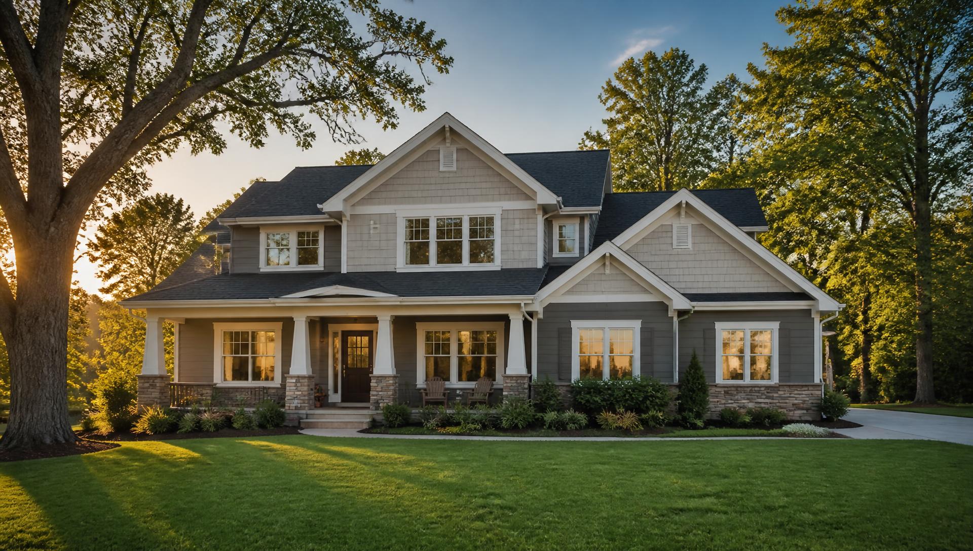 Upstate South Carolina home exterior with new windows, siding, and roofing at golden hour