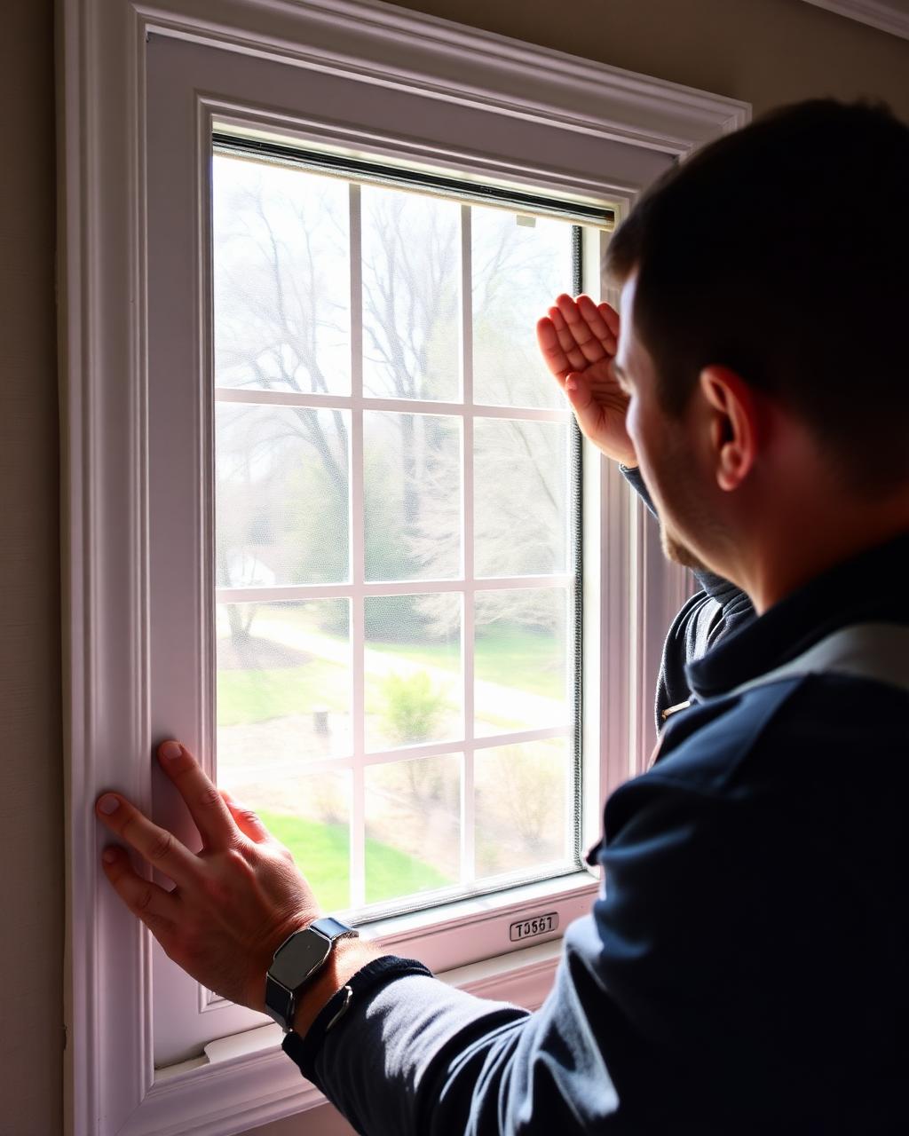 Contractor installing a new vinyl window in an existing opening