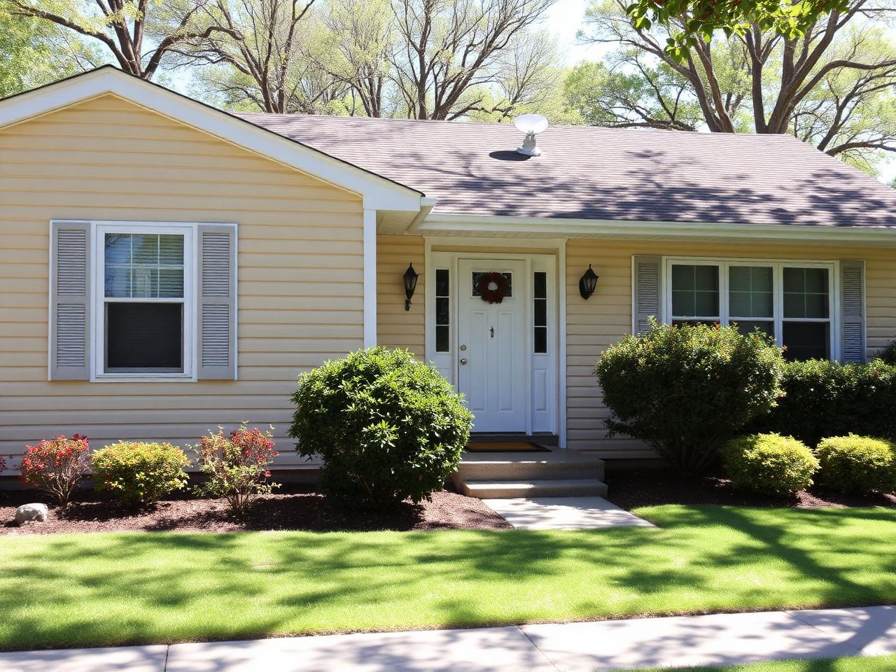 Ranch-style home with beige vinyl siding and matching trim