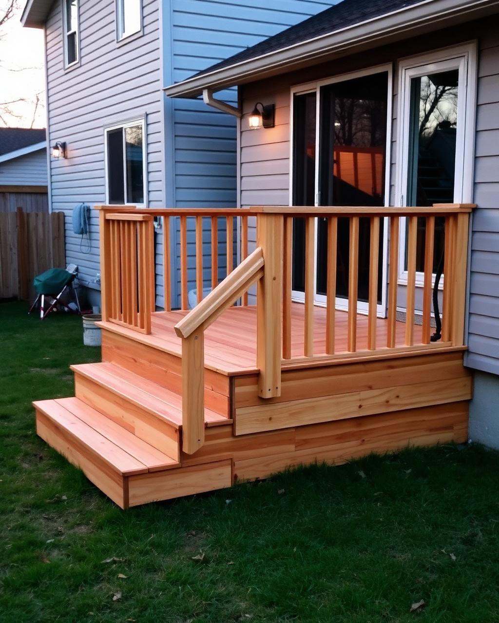 Pressure-treated wood deck attached to the back of a home
