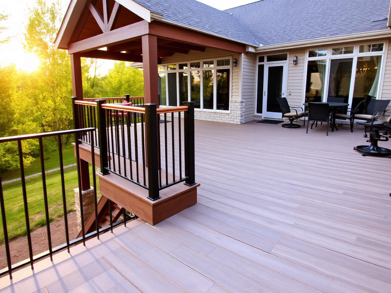 Custom backyard deck with composite decking and black railings